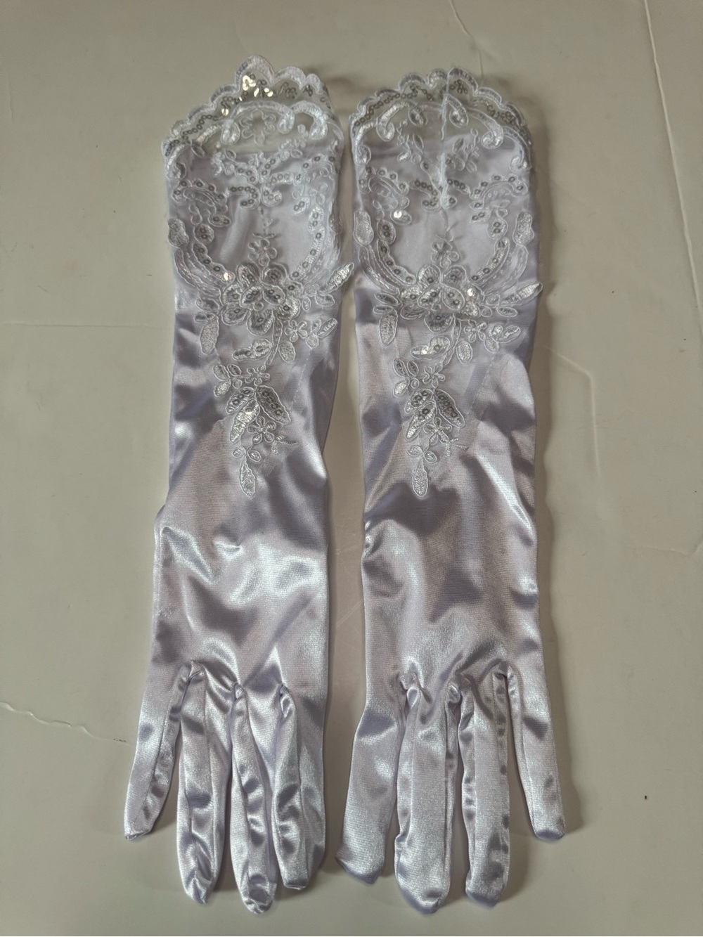 Satin Lace Embellished Opera Gloves - White